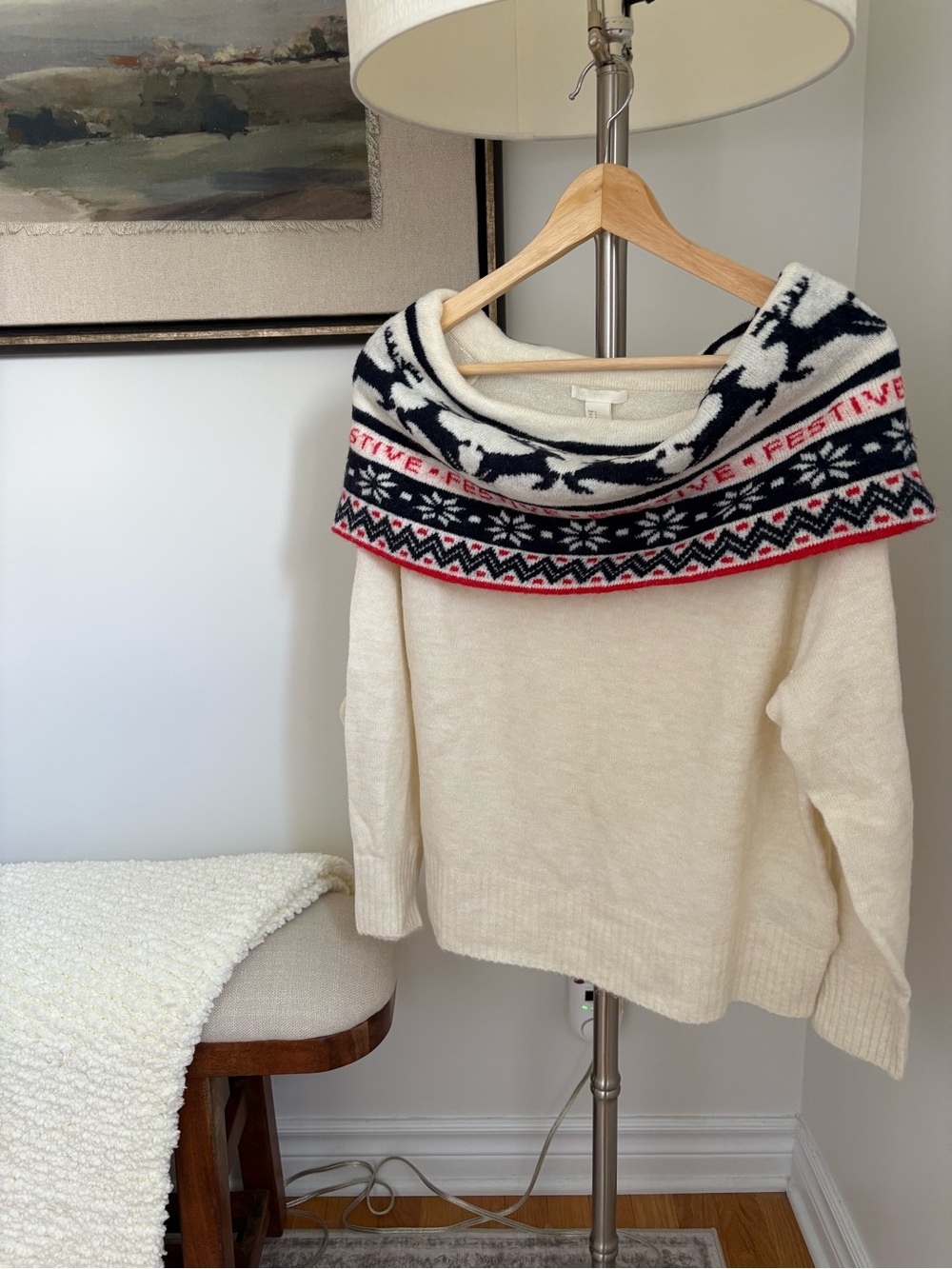H&M Cream Off-Shoulder Sweater with Navy & Red Fair Isle Yoke